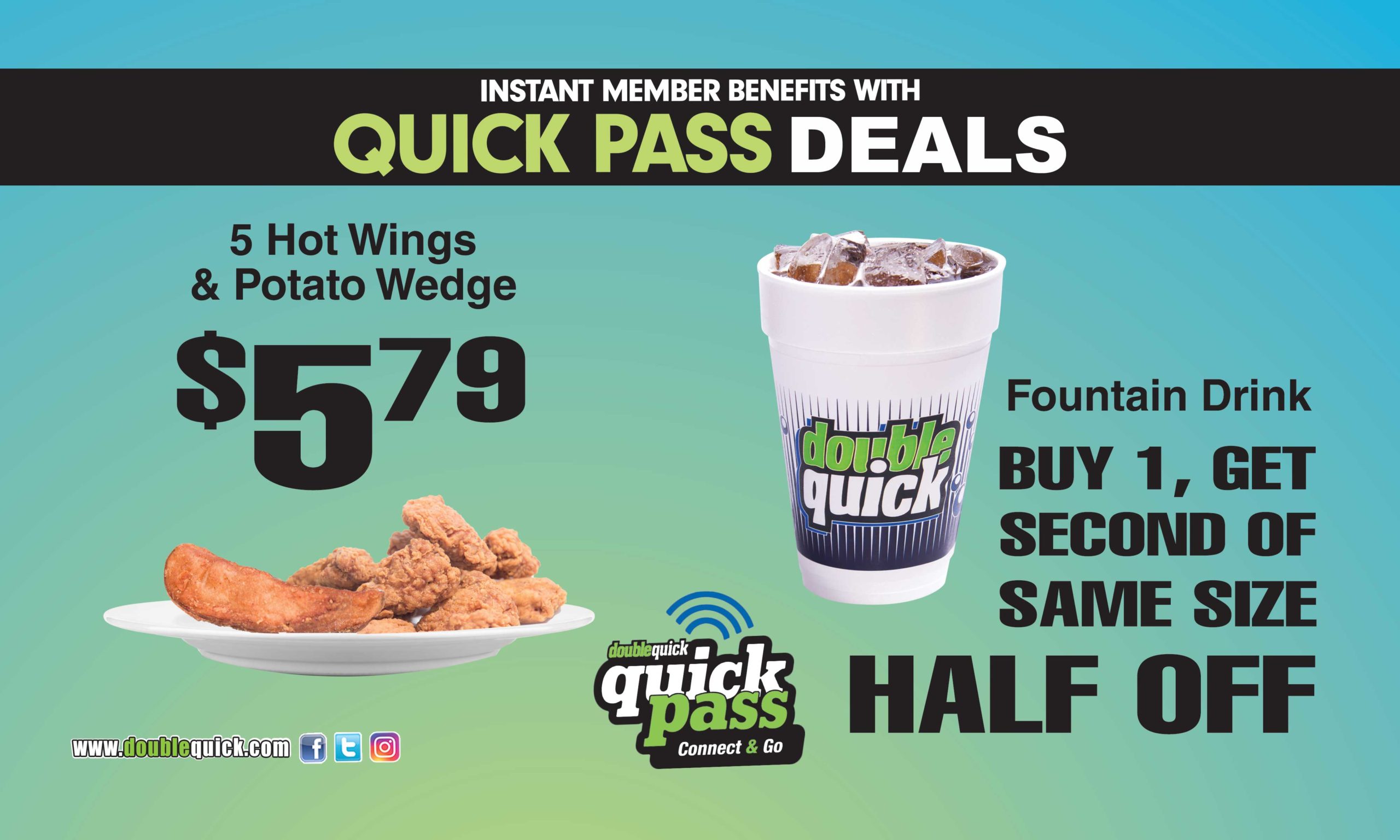 5 Hot Wings & A Potato Wedge $5.79, Fountain Drink, Buy 1, Get The Second Of Same Size HALF OFF