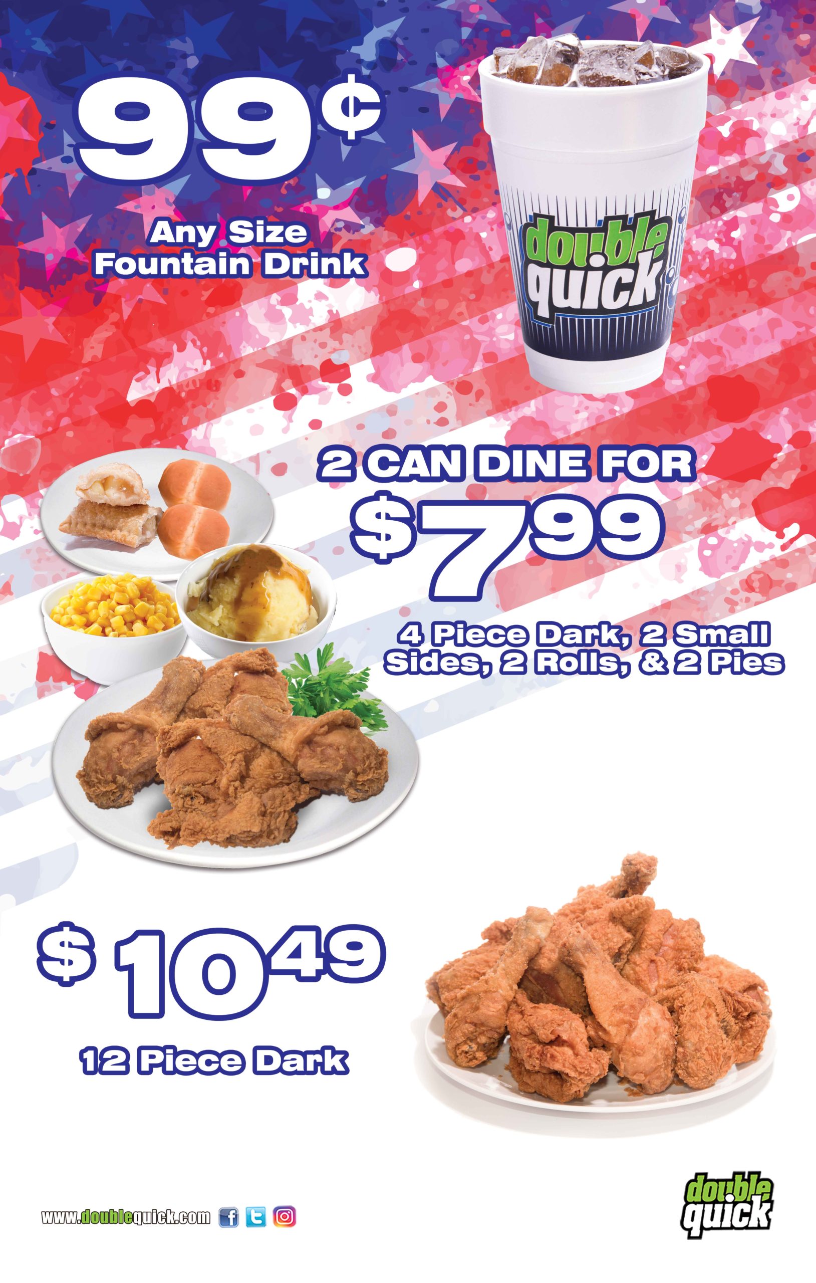 12 Piece Dark $10.49, 2 Can Dine For $7.99, (4 PC Dark 2 Small Sides, 2 Rolls, & 2 Pies)