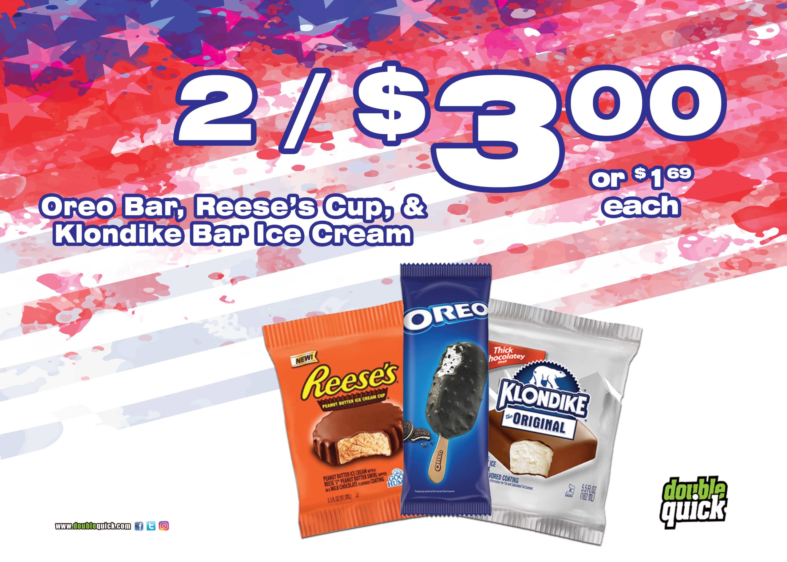 2 / $3.00 or $1.69 each, Oreo Bar, Reese's Cup, & Klondike Bar Ice Cream